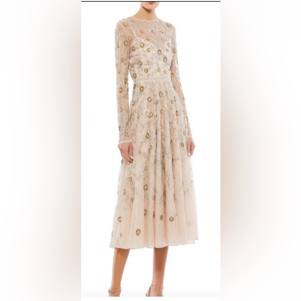 NWT Mac Duggal Nude Long Sleeve Beaded high neck Dress. Color Nude Size 12